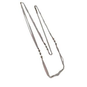 Vintage 55" Three Strand Beaded Necklace Silver Tone Chain Champagne Beads